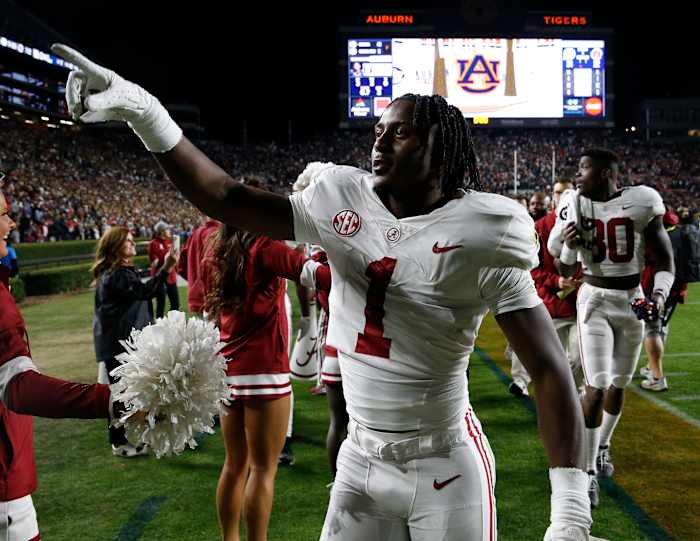Alabama Crimson Tide defensive back Kool-Aid McKinstry (1) celebrates as he leaves the field after defeating the Auburn Tigers at Jordan-Hare Stadium. Alabama defeated Auburn in four overtimes.